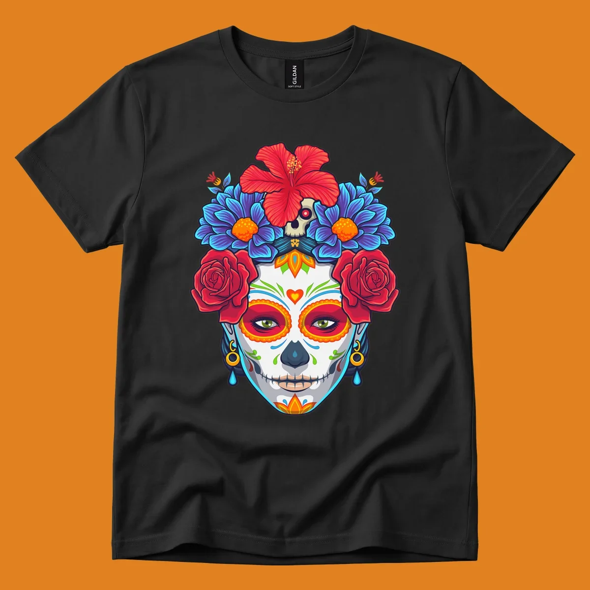 Vibrant floral Calavera Catrina sugar skull illustration with red roses, blue flowers, and a red hibiscus.