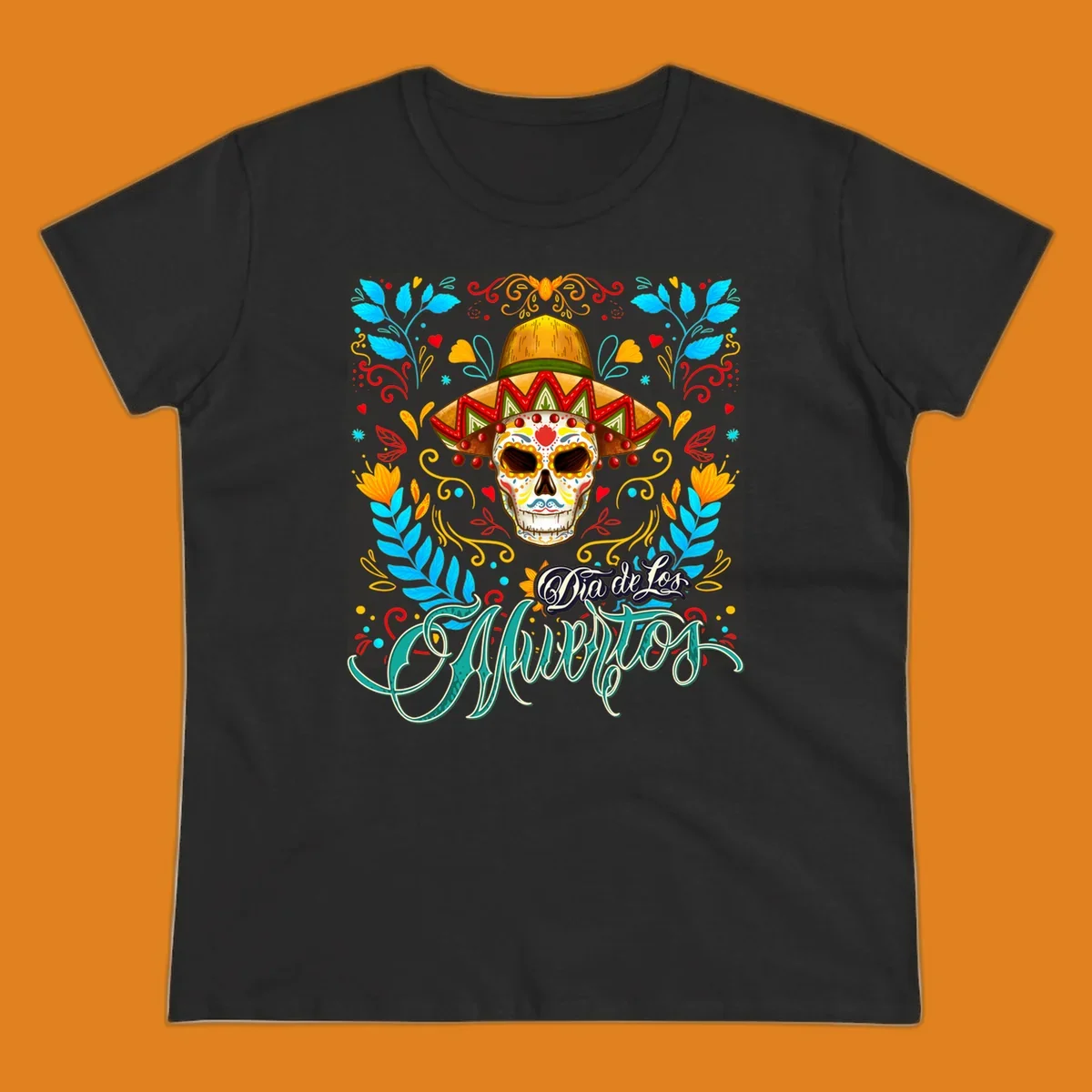 A vibrant Dia de los Muertos sugar skull in a sombrero and sunglasses, surrounded by colorful flowers and "Dia de Los Muertos" text.