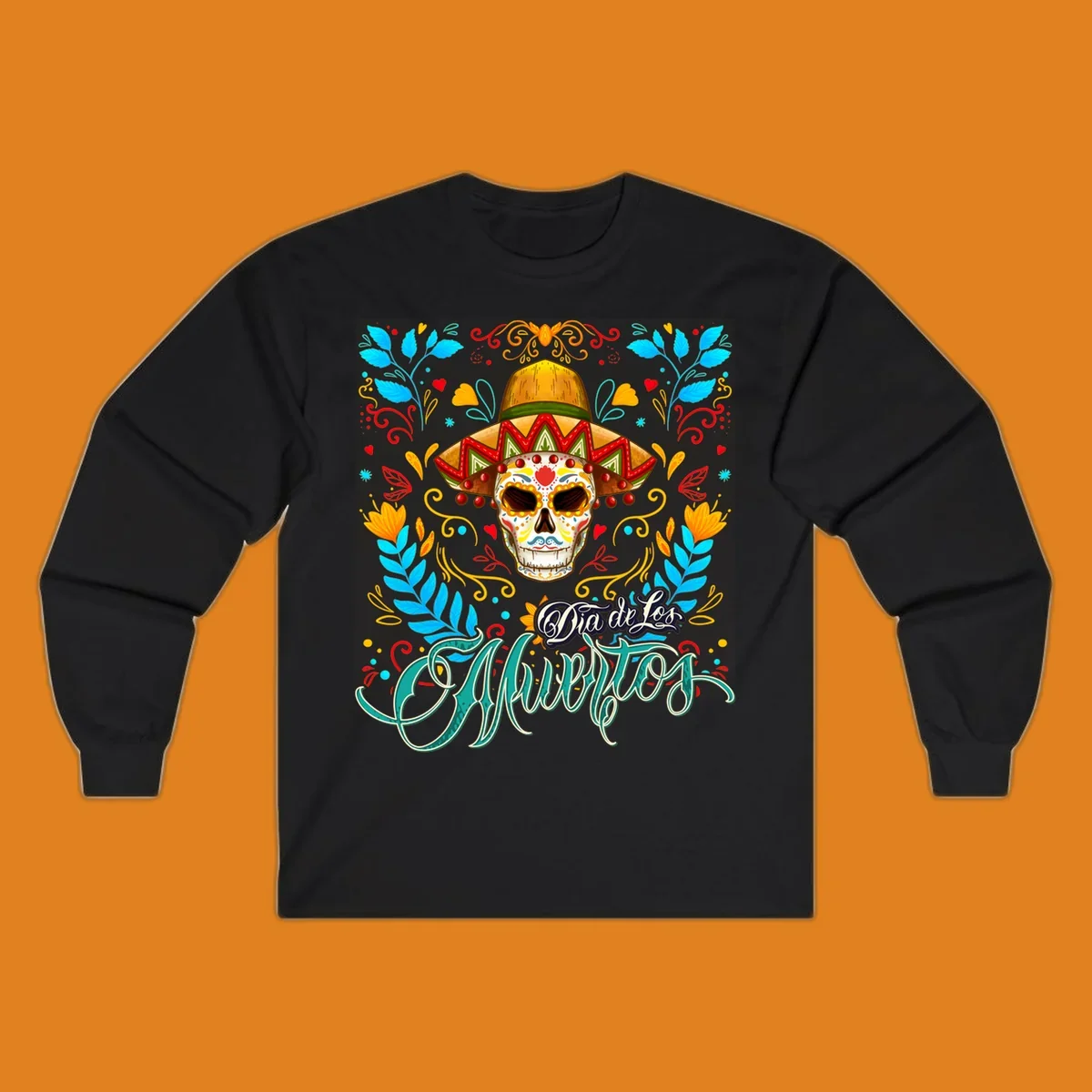 A vibrant Dia de los Muertos sugar skull in a sombrero and sunglasses, surrounded by colorful flowers and "Dia de Los Muertos" text.