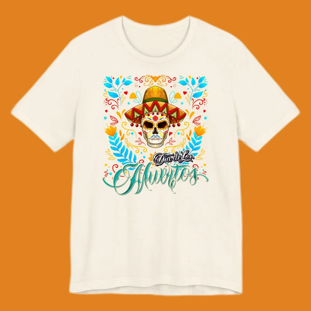 A vibrant Dia de los Muertos sugar skull in a sombrero and sunglasses, surrounded by colorful flowers and "Dia de Los Muertos" text.
