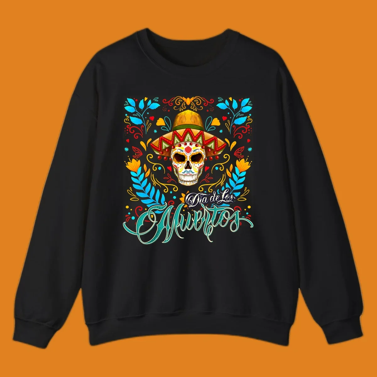 A vibrant Dia de los Muertos sugar skull in a sombrero and sunglasses, surrounded by colorful flowers and "Dia de Los Muertos" text.