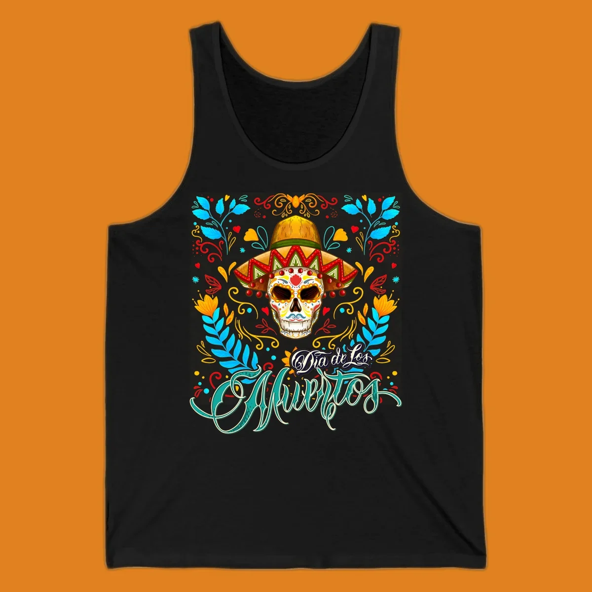 A vibrant Dia de los Muertos sugar skull in a sombrero and sunglasses, surrounded by colorful flowers and "Dia de Los Muertos" text.