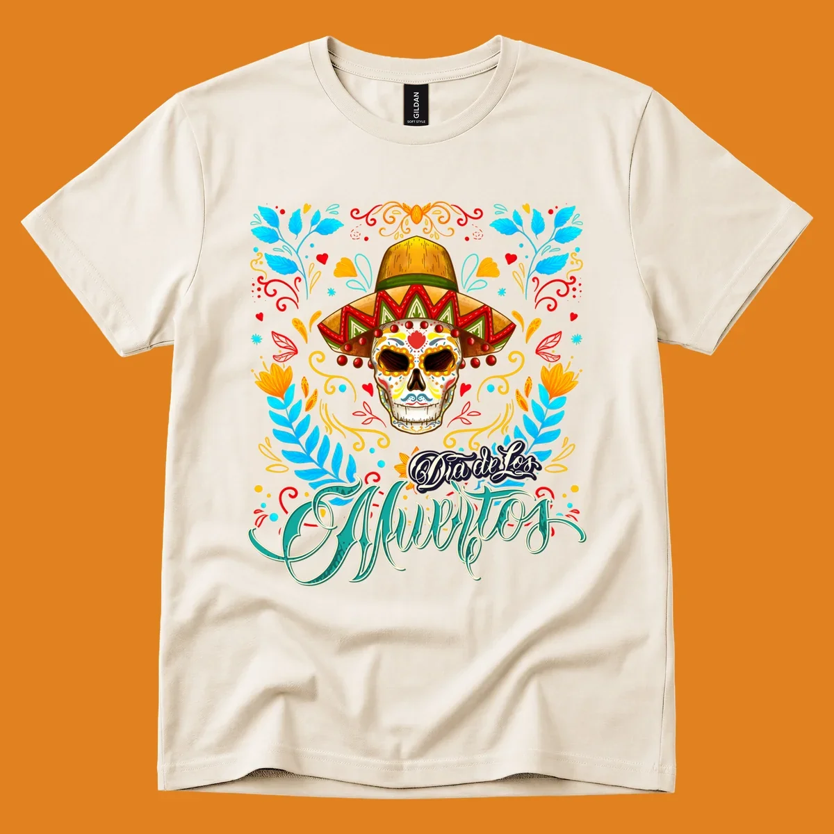 A vibrant Dia de los Muertos sugar skull in a sombrero and sunglasses, surrounded by colorful flowers and "Dia de Los Muertos" text.
