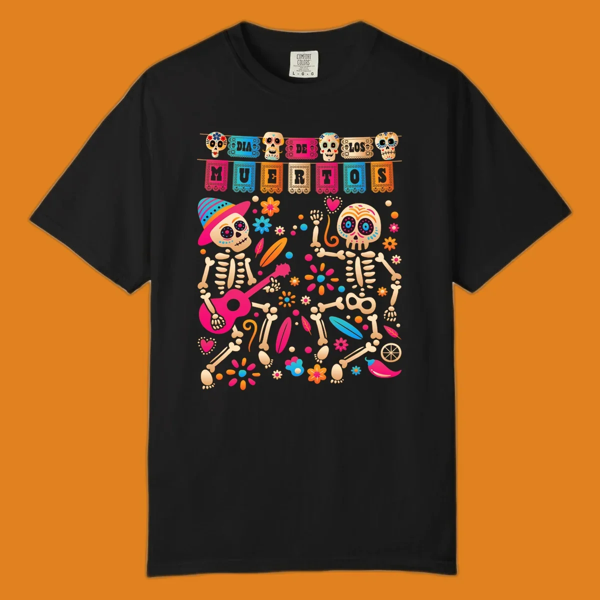 Colorful illustration of two festive Día de los Muertos skeletons, one playing a guitar, surrounded by flowers and banners.