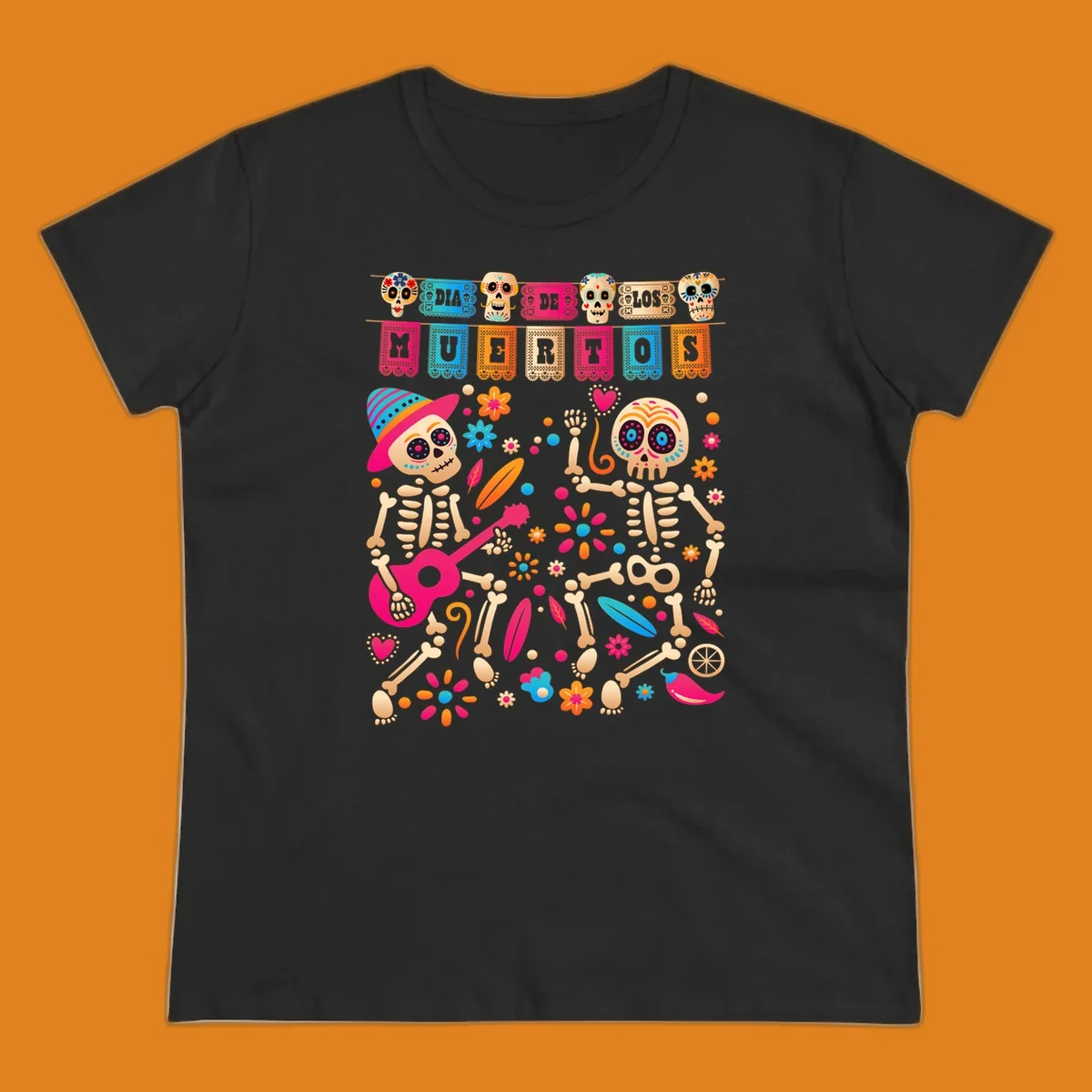 Colorful illustration of two festive Día de los Muertos skeletons, one playing a guitar, surrounded by flowers and banners.