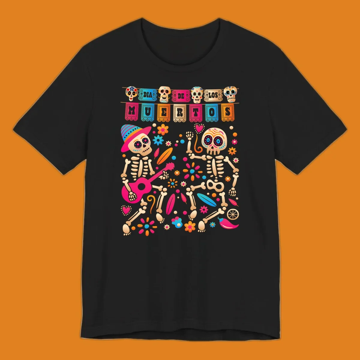 Colorful illustration of two festive Día de los Muertos skeletons, one playing a guitar, surrounded by flowers and banners.