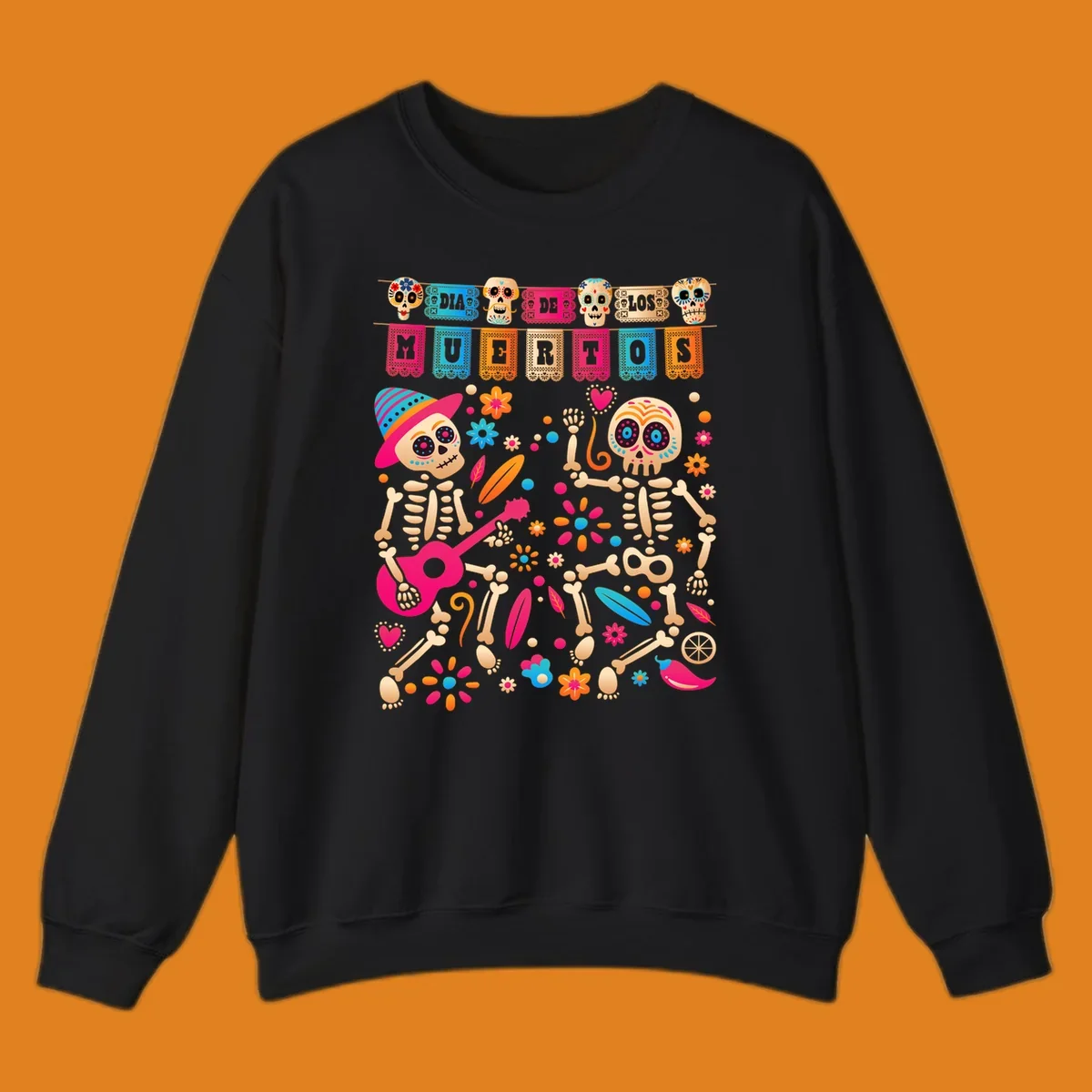 Colorful illustration of two festive Día de los Muertos skeletons, one playing a guitar, surrounded by flowers and banners.