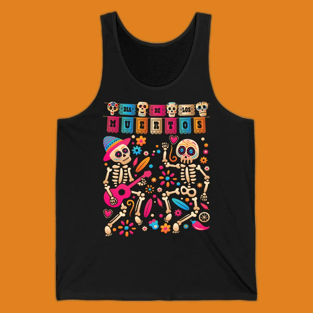 Colorful illustration of two festive Día de los Muertos skeletons, one playing a guitar, surrounded by flowers and banners.
