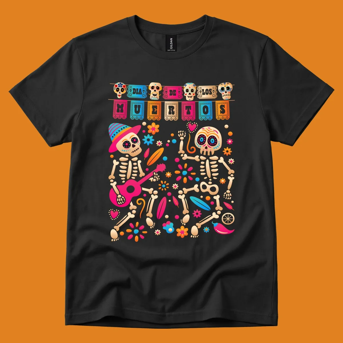 Colorful illustration of two festive Día de los Muertos skeletons, one playing a guitar, surrounded by flowers and banners.