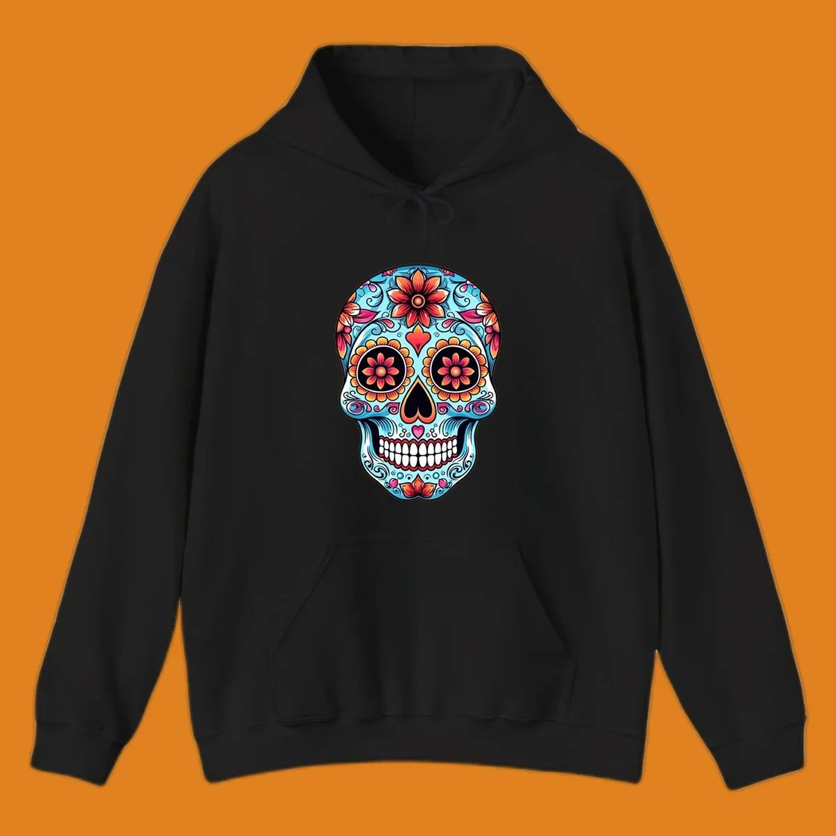 A vibrant blue floral-sugar-skull with orange, pink, and yellow flowers, black eyes, and white teeth.