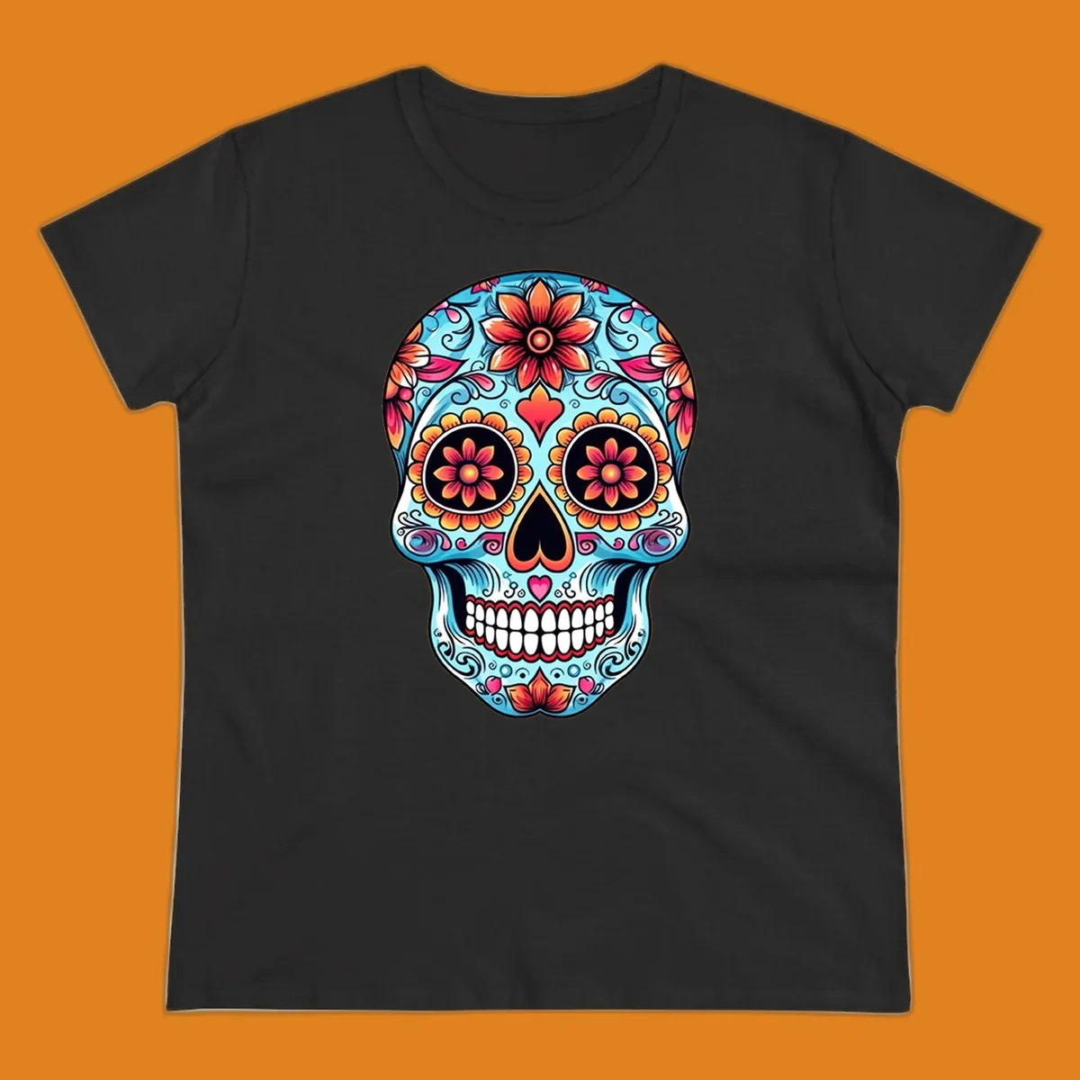 A vibrant blue floral-sugar-skull with orange, pink, and yellow flowers, black eyes, and white teeth.