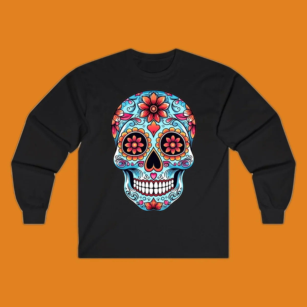 A vibrant blue floral-sugar-skull with orange, pink, and yellow flowers, black eyes, and white teeth.