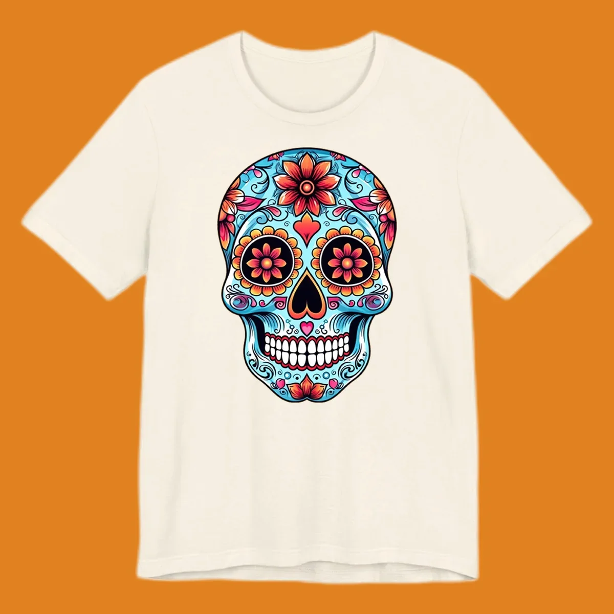 A vibrant blue floral-sugar-skull with orange, pink, and yellow flowers, black eyes, and white teeth.