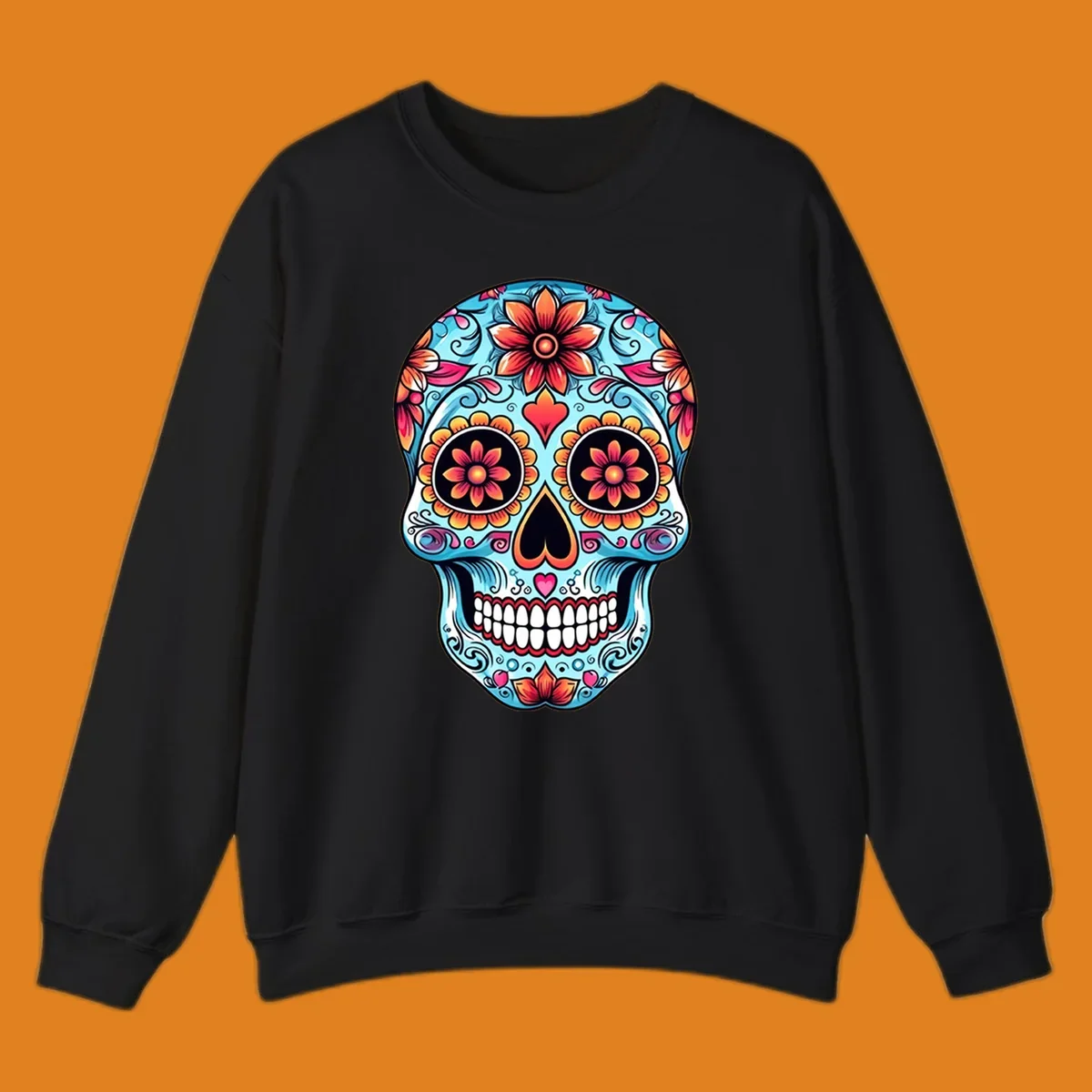 A vibrant blue floral-sugar-skull with orange, pink, and yellow flowers, black eyes, and white teeth.