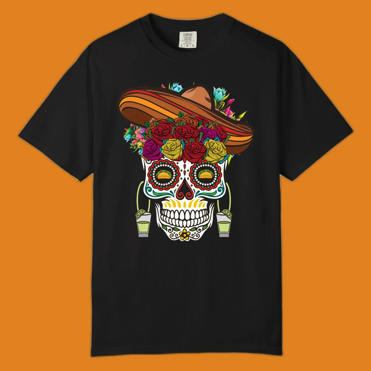 A colorful fiesta calavera sombrero sugar skull design with roses, tacos for eyes, and margarita glasses.