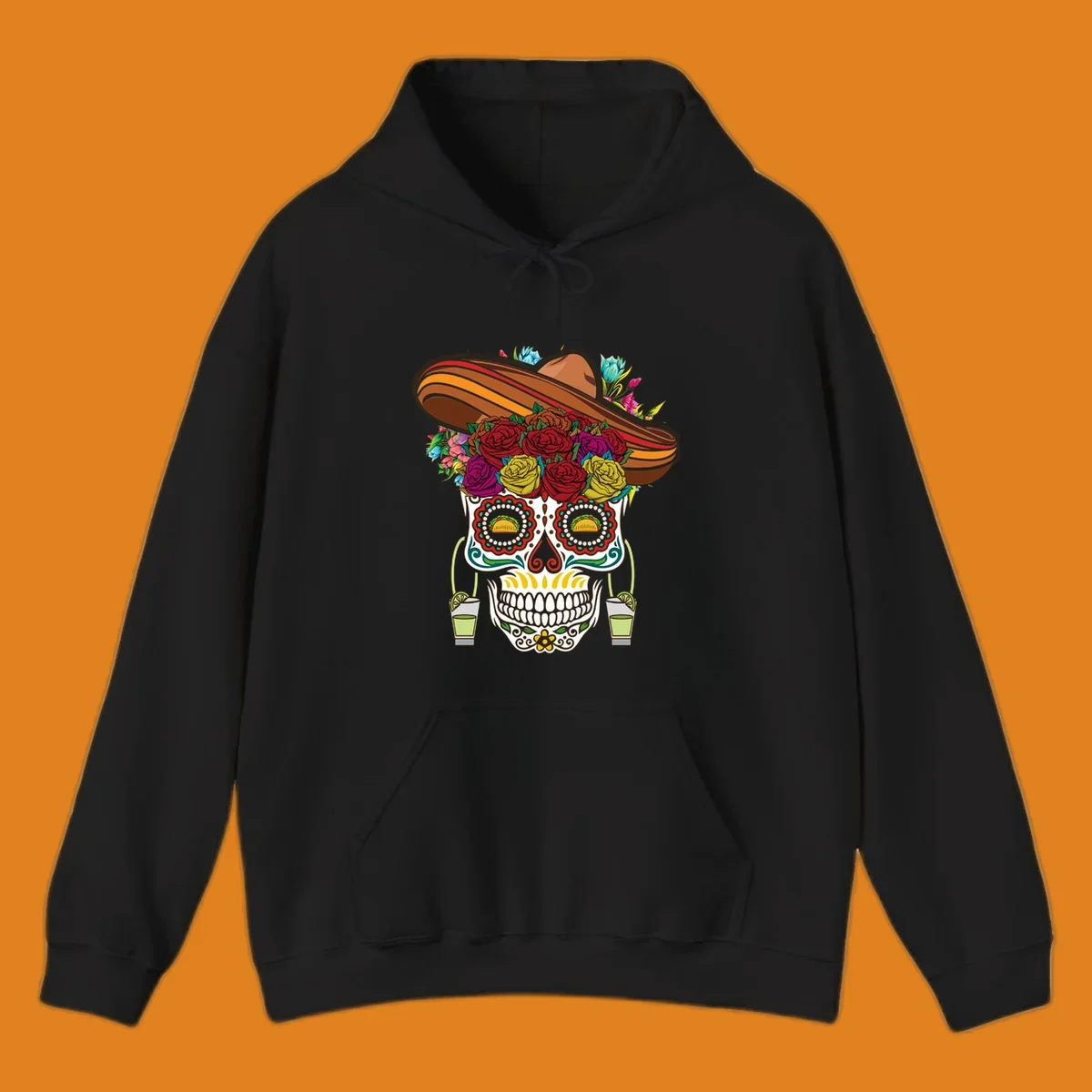 A colorful fiesta calavera sombrero sugar skull design with roses, tacos for eyes, and margarita glasses.