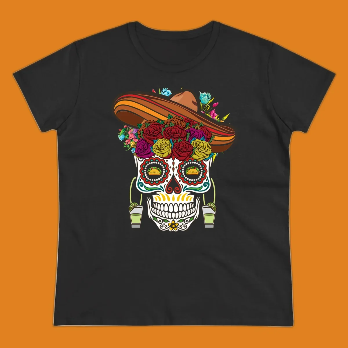 A colorful fiesta calavera sombrero sugar skull design with roses, tacos for eyes, and margarita glasses.