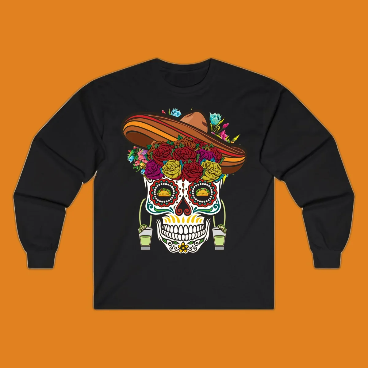 A colorful fiesta calavera sombrero sugar skull design with roses, tacos for eyes, and margarita glasses.