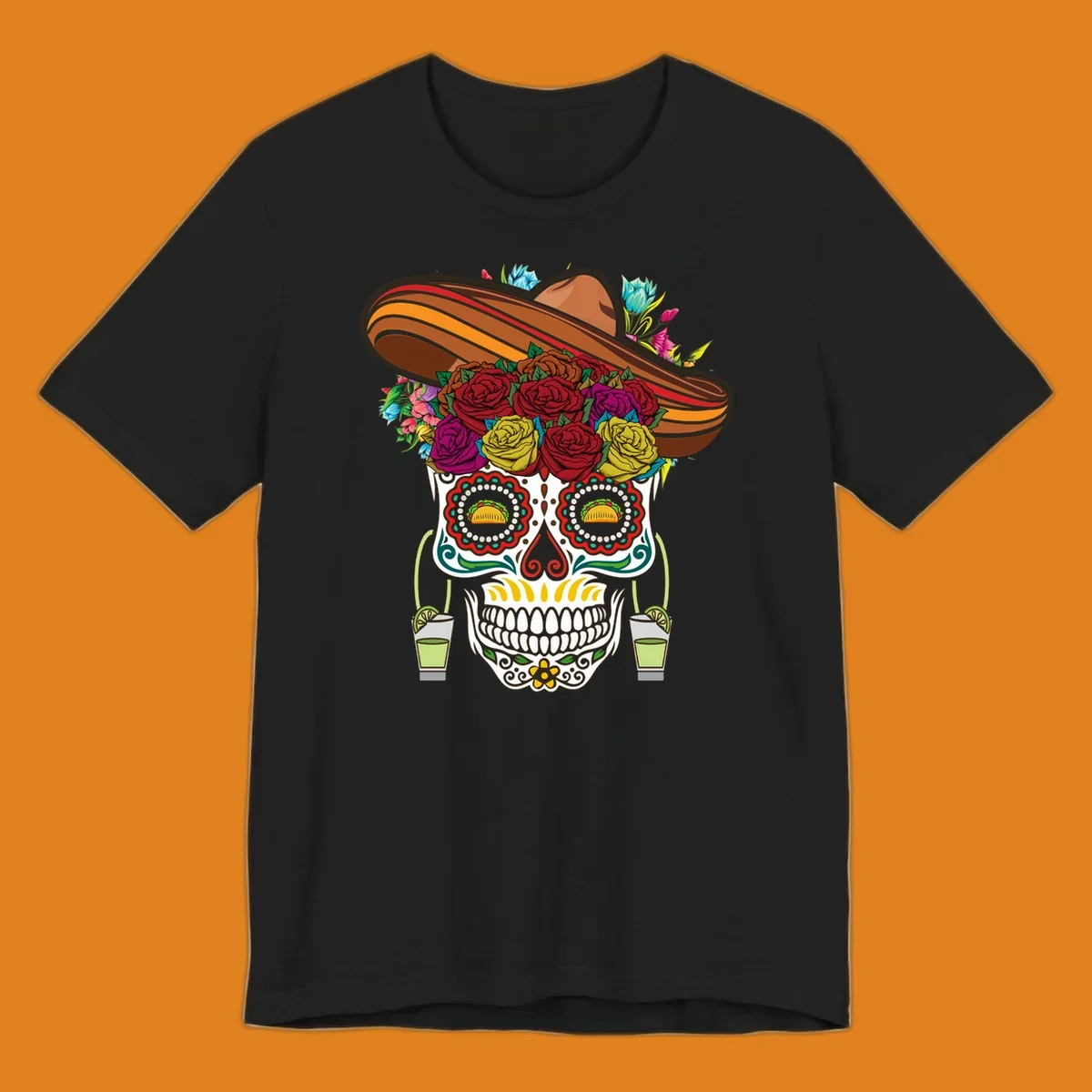A colorful fiesta calavera sombrero sugar skull design with roses, tacos for eyes, and margarita glasses.