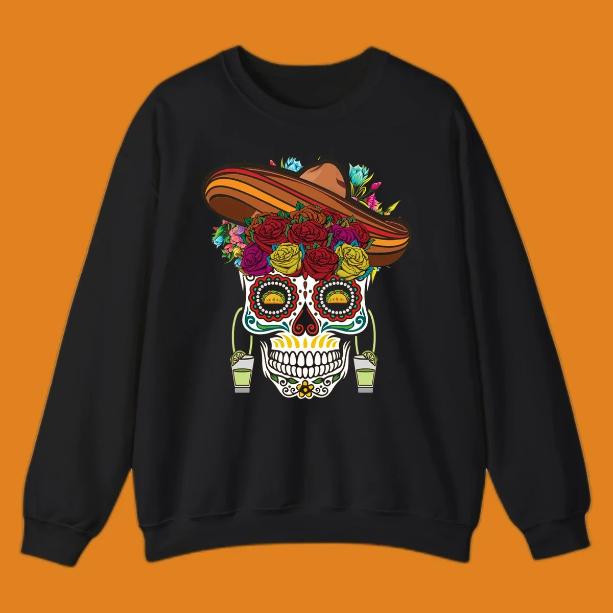 A colorful fiesta calavera sombrero sugar skull design with roses, tacos for eyes, and margarita glasses.