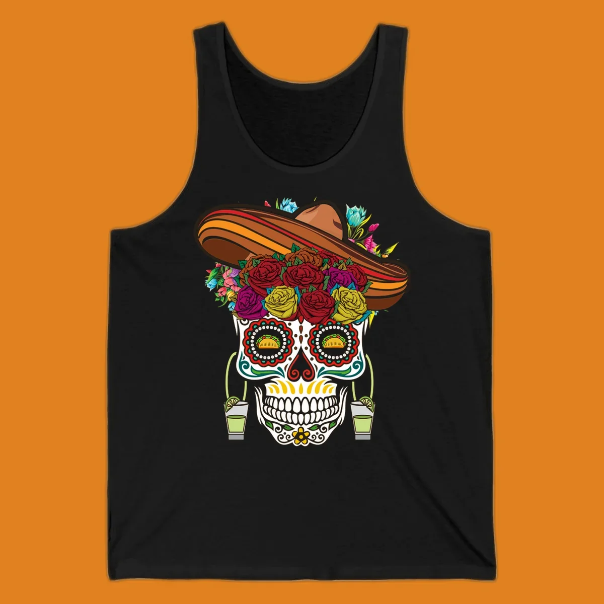 A colorful fiesta calavera sombrero sugar skull design with roses, tacos for eyes, and margarita glasses.