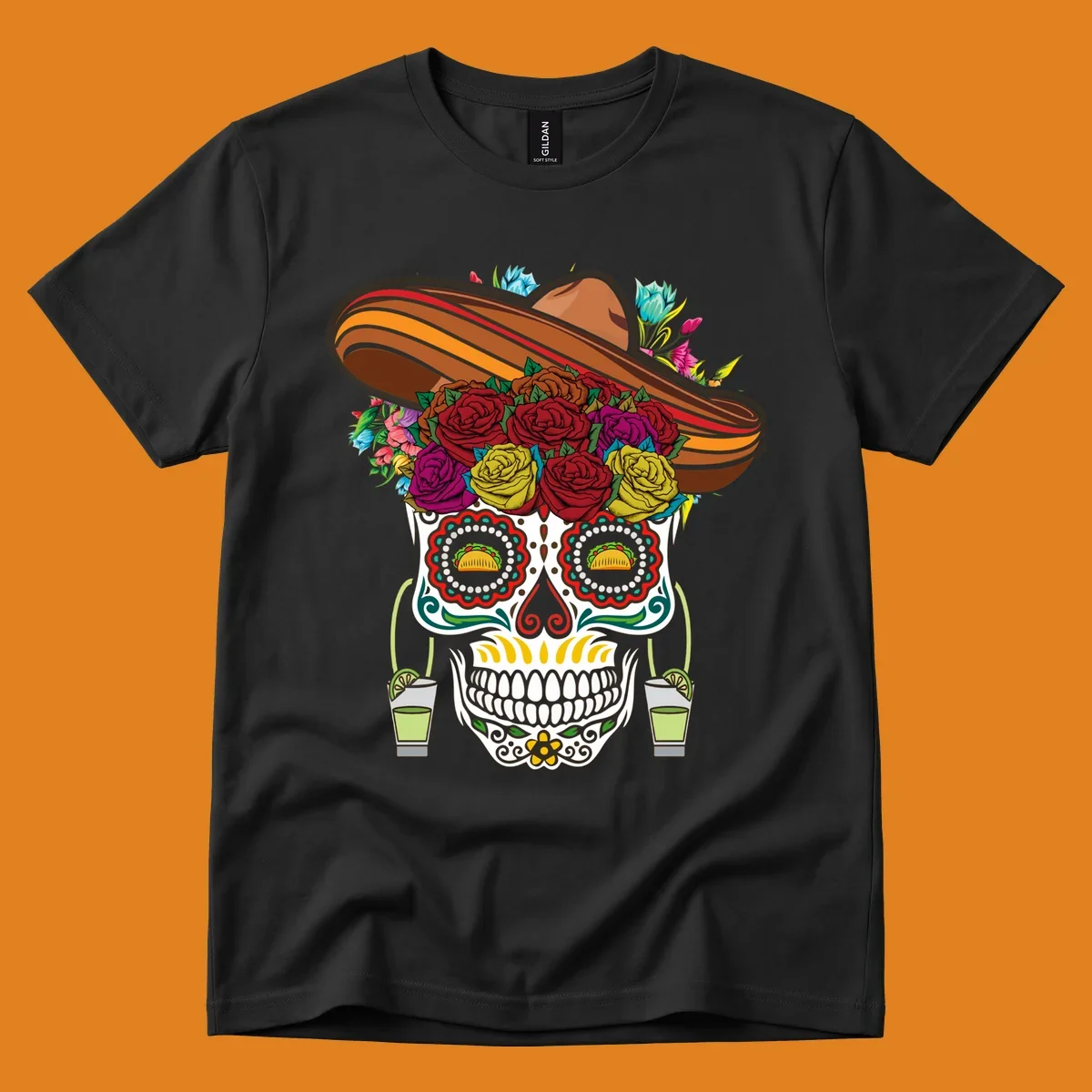 A colorful fiesta calavera sombrero sugar skull design with roses, tacos for eyes, and margarita glasses.