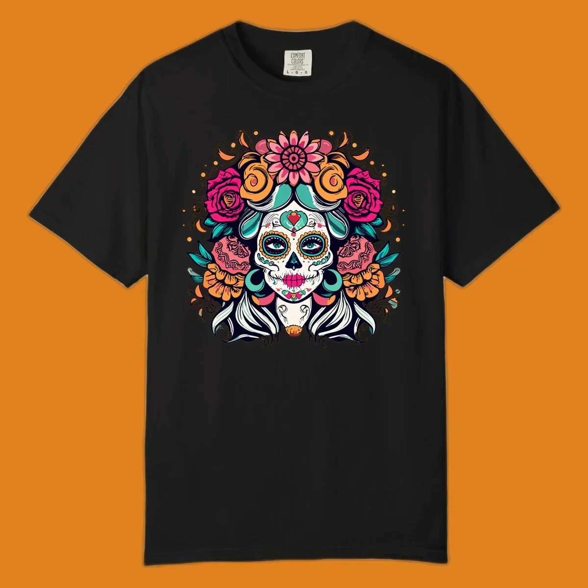 A vibrantly colored floral calavera sugar skull illustration with a crown of pink roses and orange marigolds.