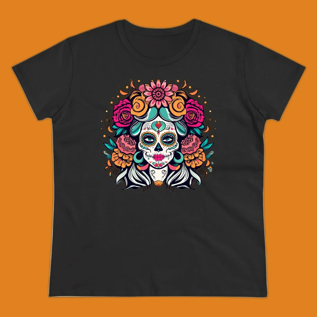 A vibrantly colored floral calavera sugar skull illustration with a crown of pink roses and orange marigolds.