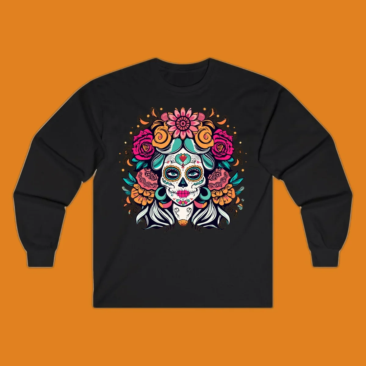 A vibrantly colored floral calavera sugar skull illustration with a crown of pink roses and orange marigolds.