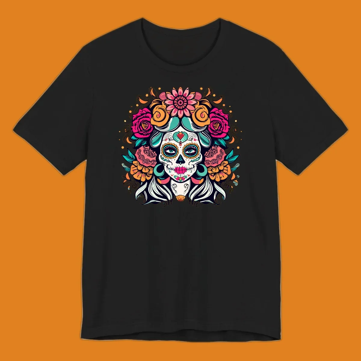 A vibrantly colored floral calavera sugar skull illustration with a crown of pink roses and orange marigolds.