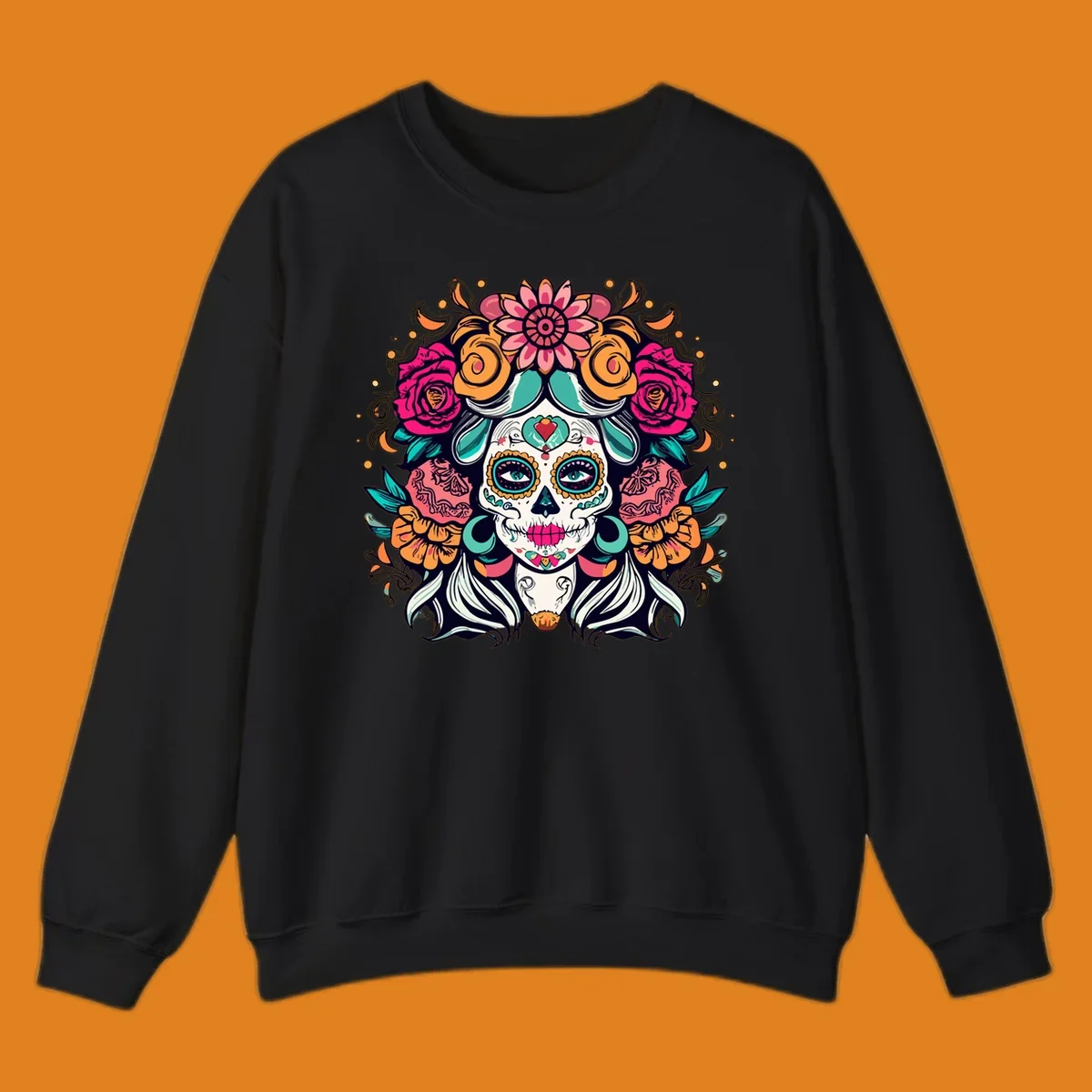 A vibrantly colored floral calavera sugar skull illustration with a crown of pink roses and orange marigolds.