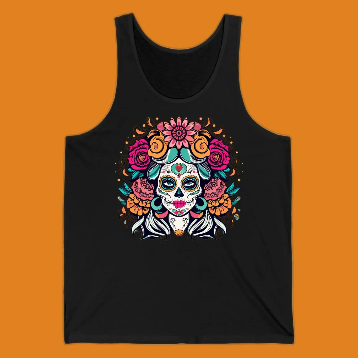 A vibrantly colored floral calavera sugar skull illustration with a crown of pink roses and orange marigolds.