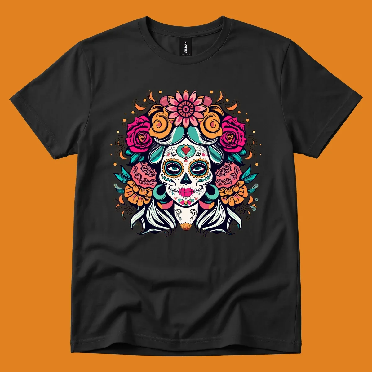 A vibrantly colored floral calavera sugar skull illustration with a crown of pink roses and orange marigolds.