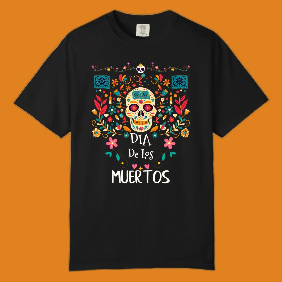 A vibrant Día de los Muertos sugar skull illustration with colorful flowers and leaves, and 'DIA De Los MUERTOS' text.
