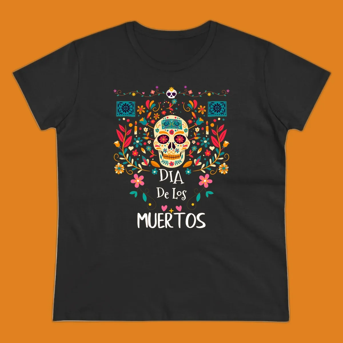A vibrant Día de los Muertos sugar skull illustration with colorful flowers and leaves, and 'DIA De Los MUERTOS' text.