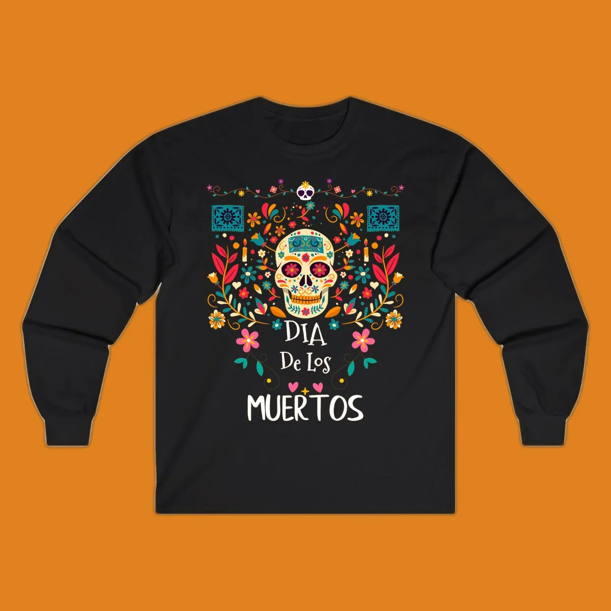 A vibrant Día de los Muertos sugar skull illustration with colorful flowers and leaves, and 'DIA De Los MUERTOS' text.