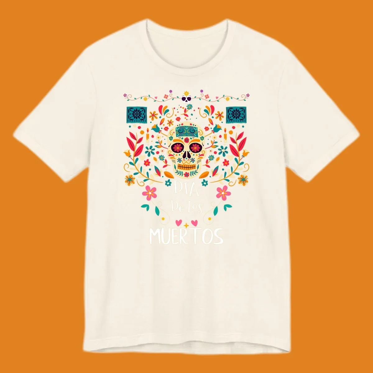 A vibrant Día de los Muertos sugar skull illustration with colorful flowers and leaves, and 'DIA De Los MUERTOS' text.