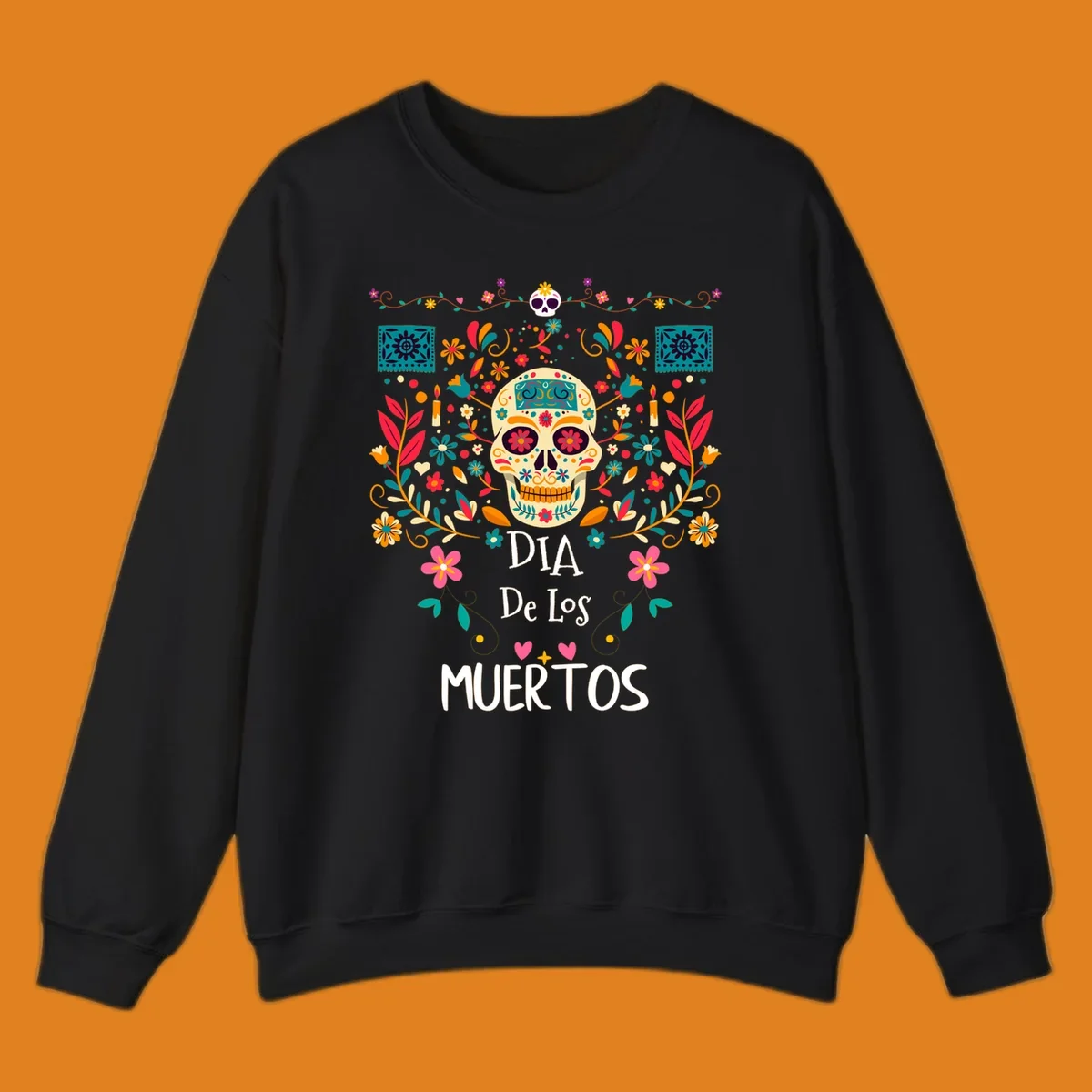 A vibrant Día de los Muertos sugar skull illustration with colorful flowers and leaves, and 'DIA De Los MUERTOS' text.