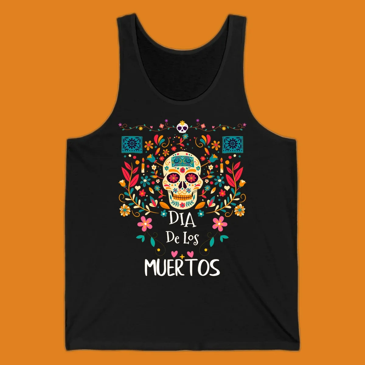 A vibrant Día de los Muertos sugar skull illustration with colorful flowers and leaves, and 'DIA De Los MUERTOS' text.