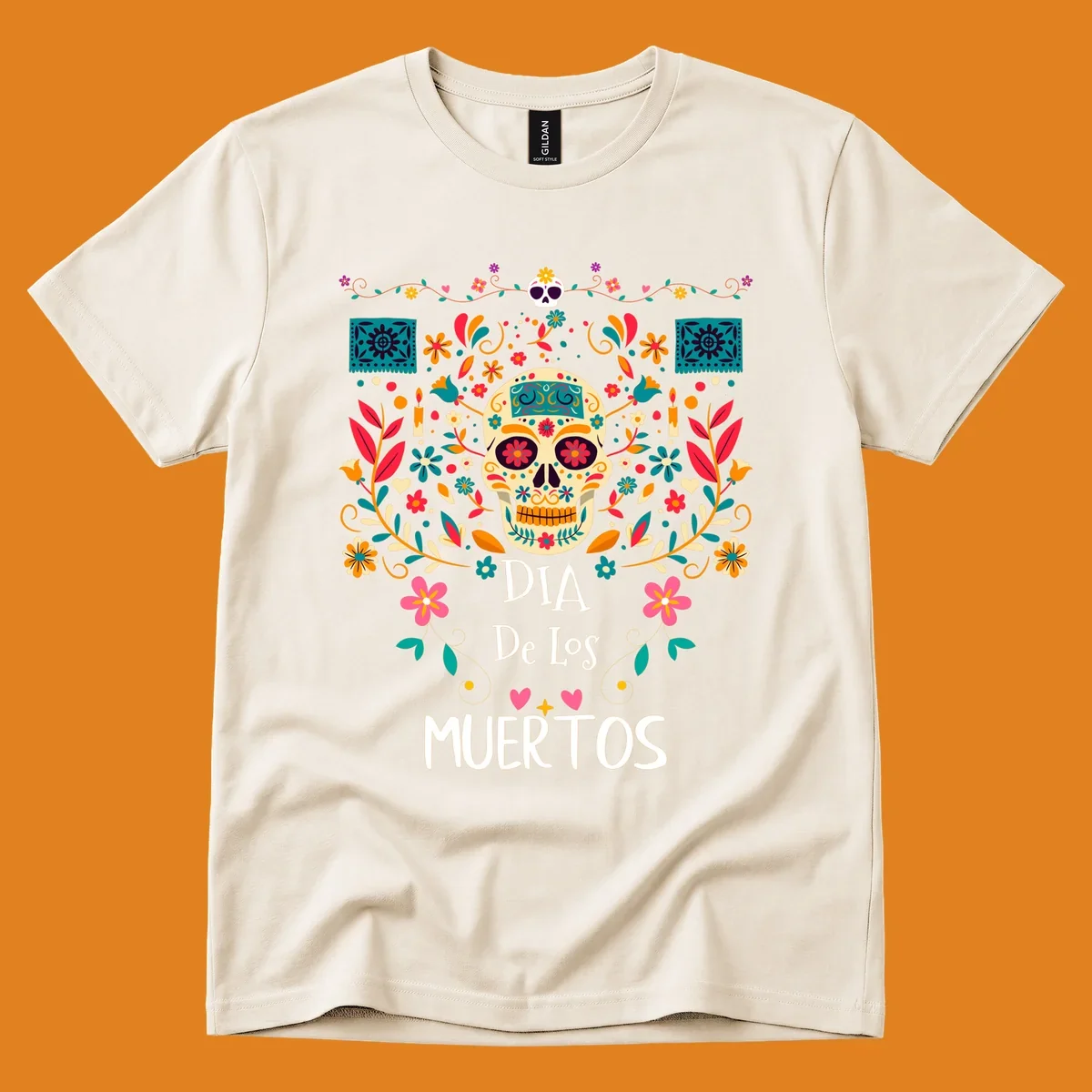 A vibrant Día de los Muertos sugar skull illustration with colorful flowers and leaves, and 'DIA De Los MUERTOS' text.