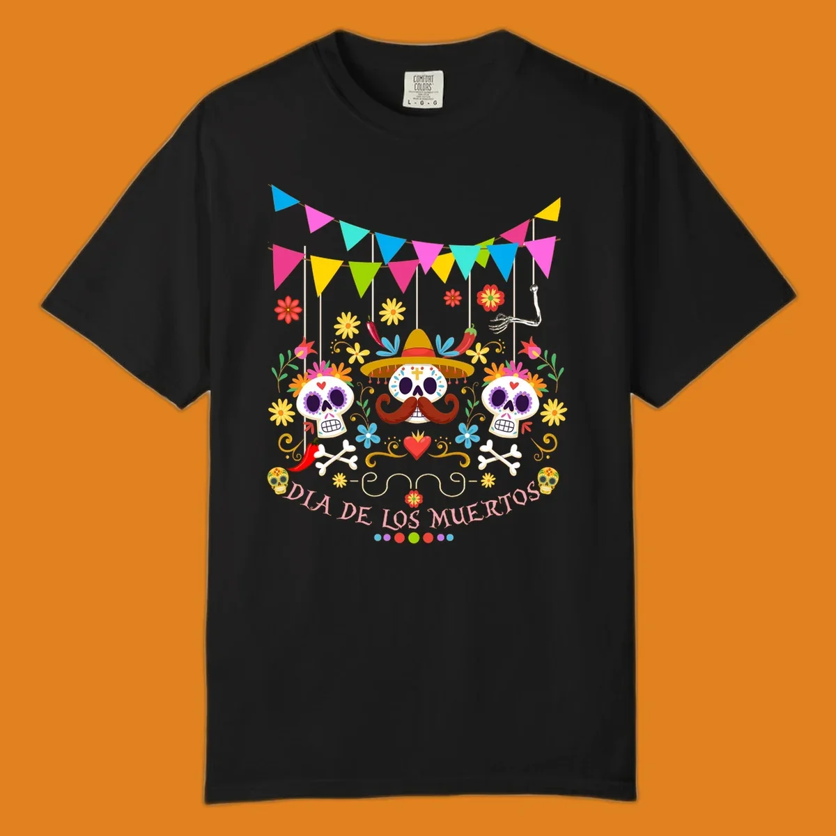 Vibrant Día de los Muertos sugar skulls design with a sombrero, flowers, bones, and 'DIA DE LOS MUERTOS' text.