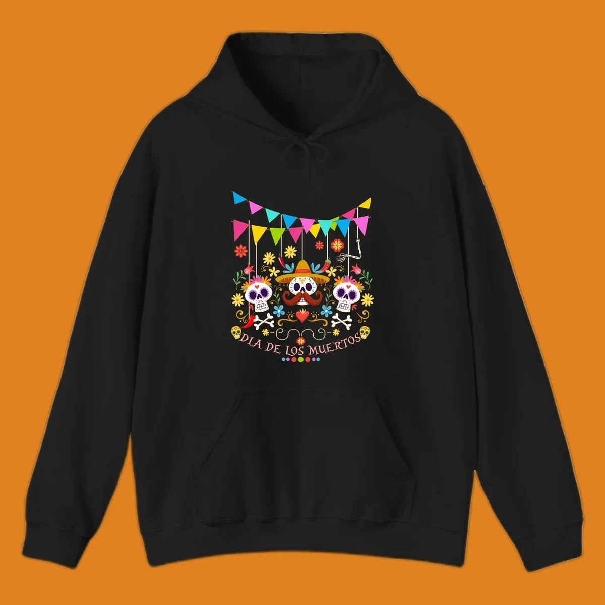Vibrant Día de los Muertos sugar skulls design with a sombrero, flowers, bones, and 'DIA DE LOS MUERTOS' text.