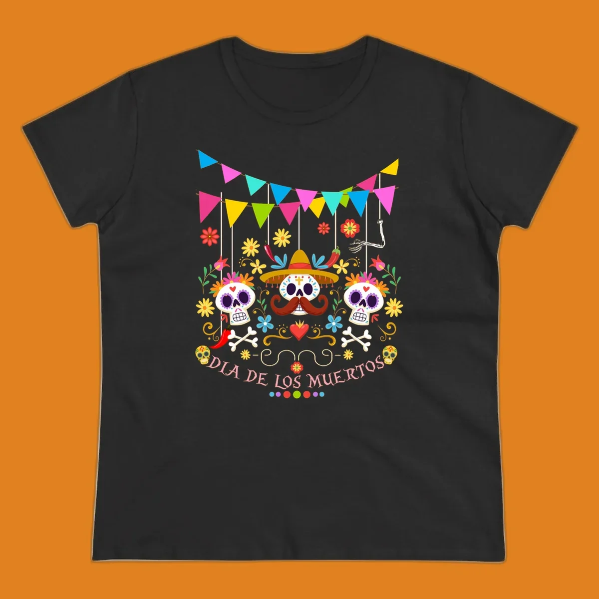Vibrant Día de los Muertos sugar skulls design with a sombrero, flowers, bones, and 'DIA DE LOS MUERTOS' text.