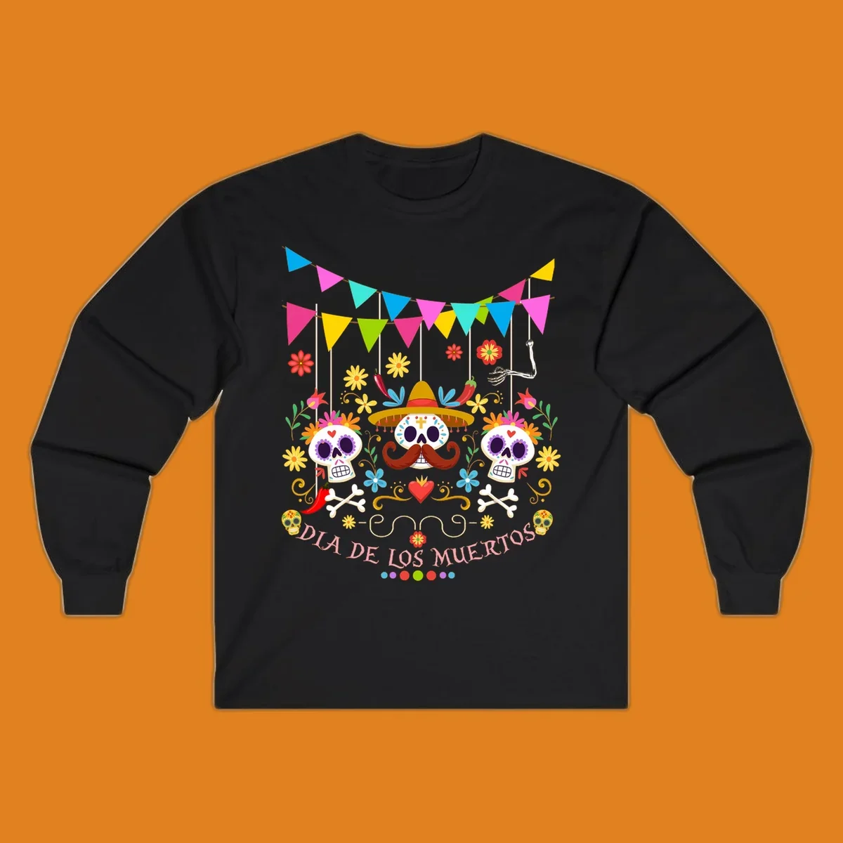 Vibrant Día de los Muertos sugar skulls design with a sombrero, flowers, bones, and 'DIA DE LOS MUERTOS' text.