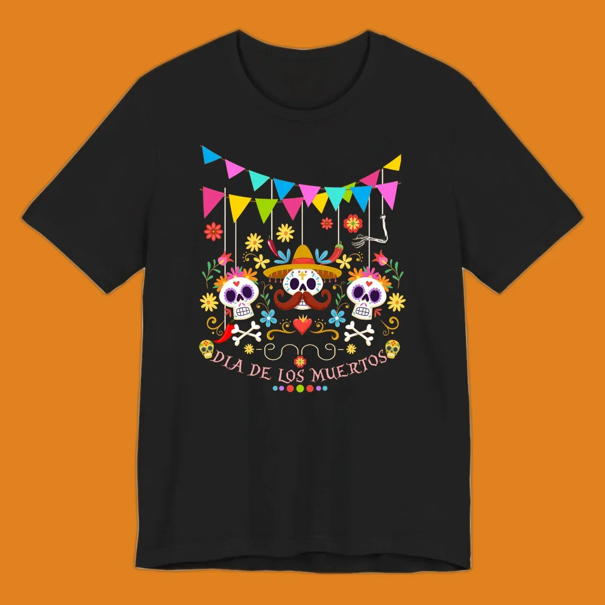 Vibrant Día de los Muertos sugar skulls design with a sombrero, flowers, bones, and 'DIA DE LOS MUERTOS' text.