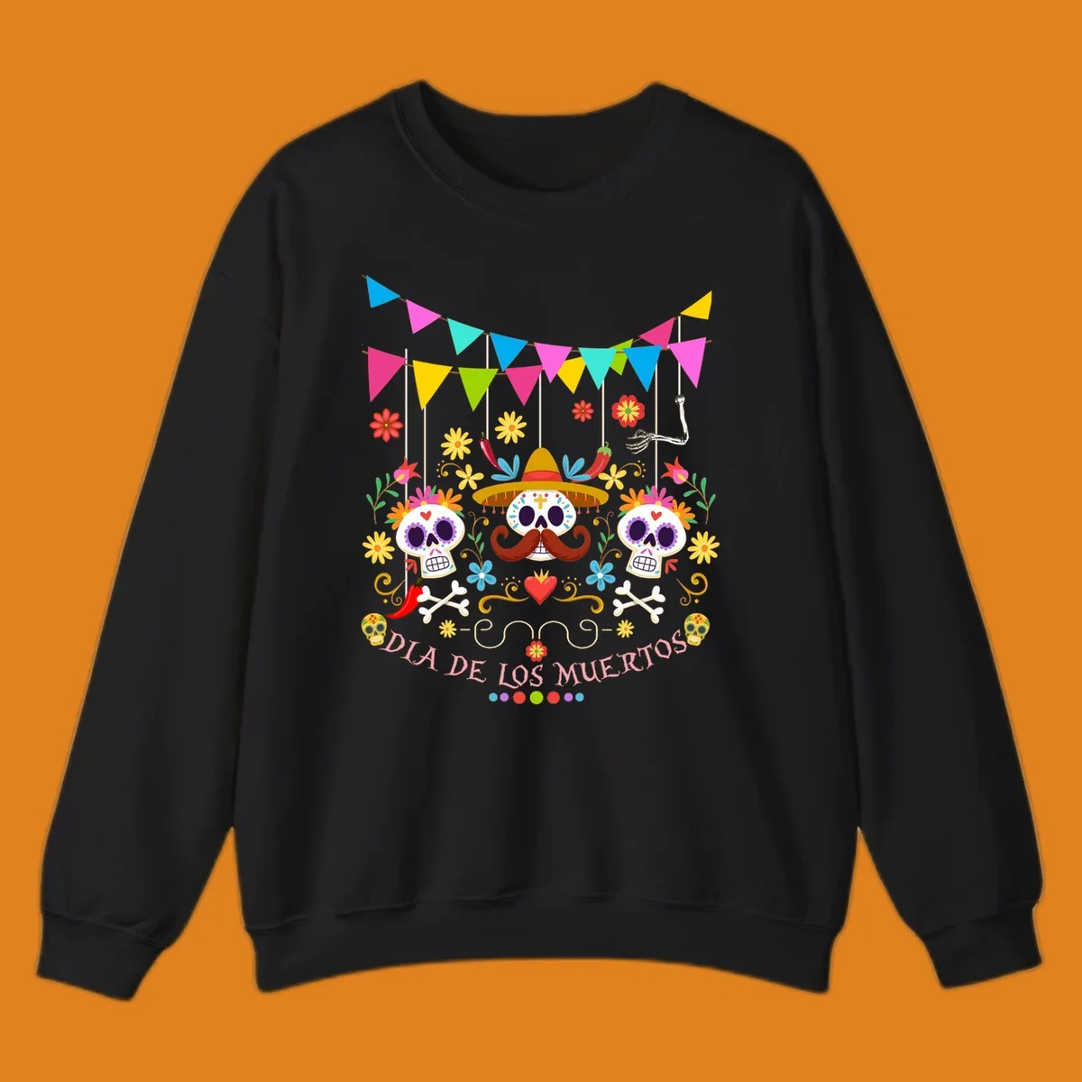 Vibrant Día de los Muertos sugar skulls design with a sombrero, flowers, bones, and 'DIA DE LOS MUERTOS' text.