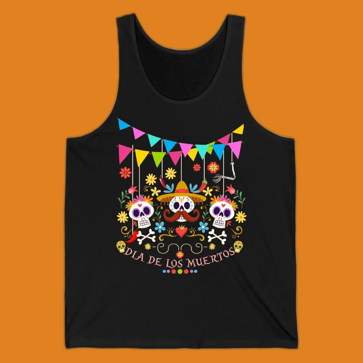 Vibrant Día de los Muertos sugar skulls design with a sombrero, flowers, bones, and 'DIA DE LOS MUERTOS' text.