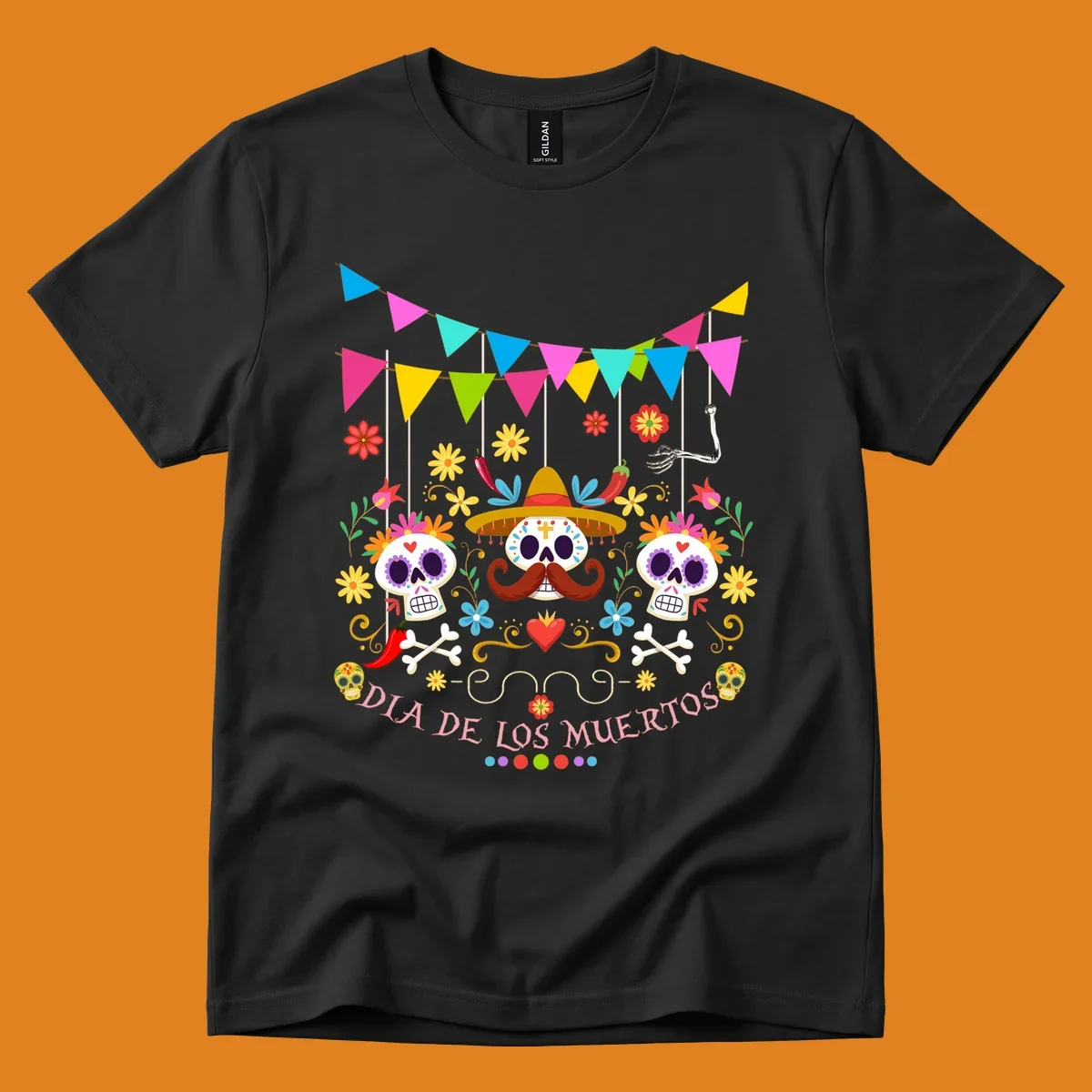 Vibrant Día de los Muertos sugar skulls design with a sombrero, flowers, bones, and 'DIA DE LOS MUERTOS' text.