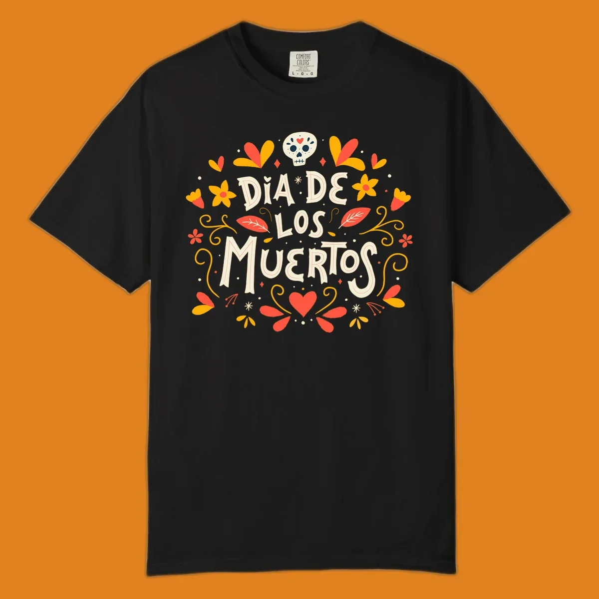 Decorative 'DIA DE LOS MUERTOS' text encircled by a vibrant dia-de-los-muertos-skull-wreath of flowers, leaves, and a sugar skull.
