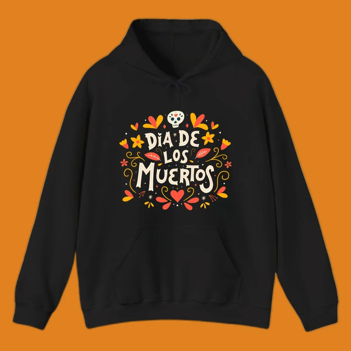 Decorative 'DIA DE LOS MUERTOS' text encircled by a vibrant dia-de-los-muertos-skull-wreath of flowers, leaves, and a sugar skull.